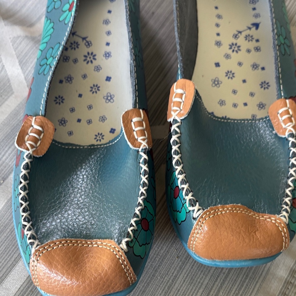 Stylish Blue and Tan Moccasins with Perforated Design